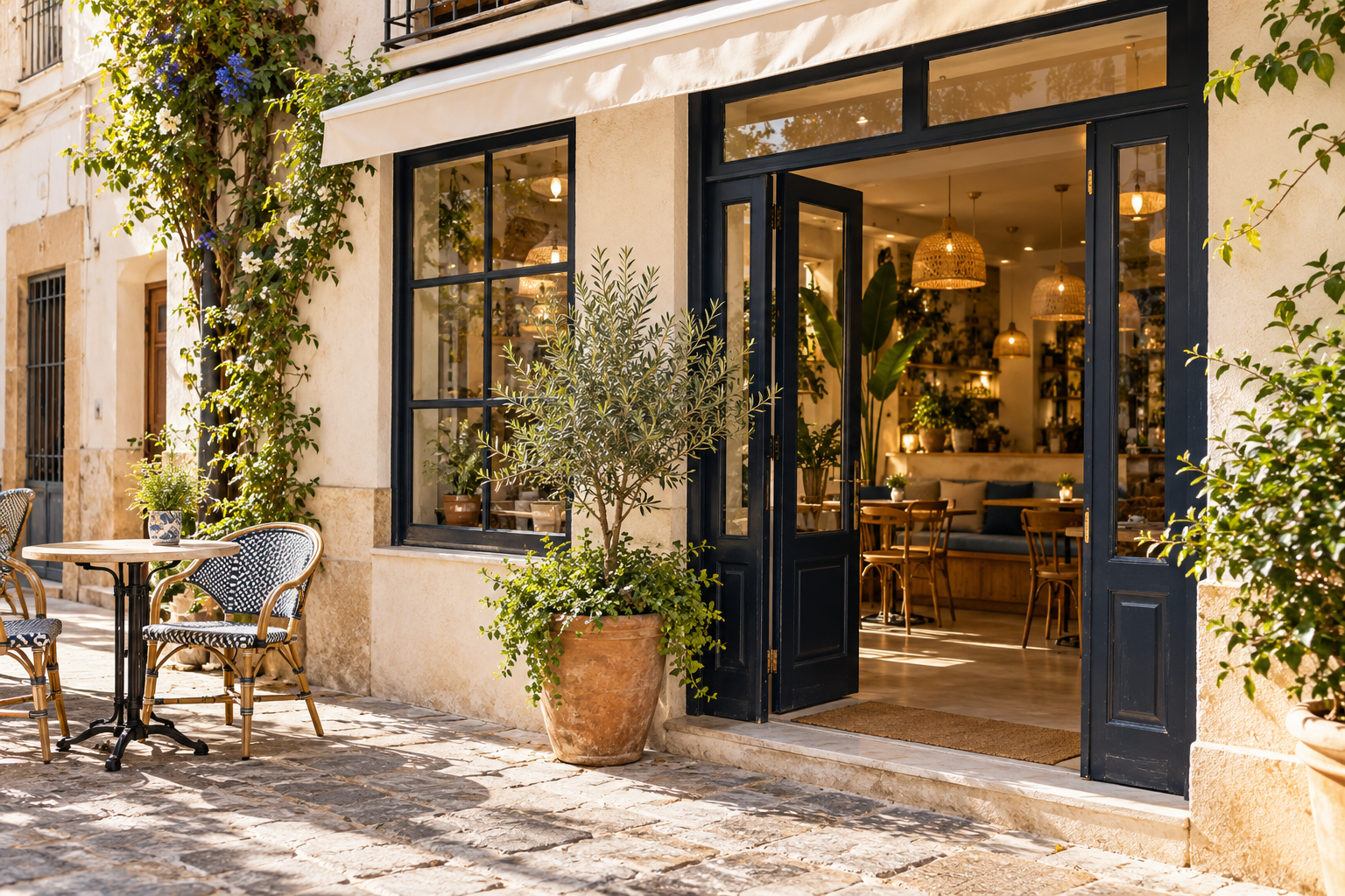 Cafetería ficticia de estilo mediterráneo, creada para este ejemplo.